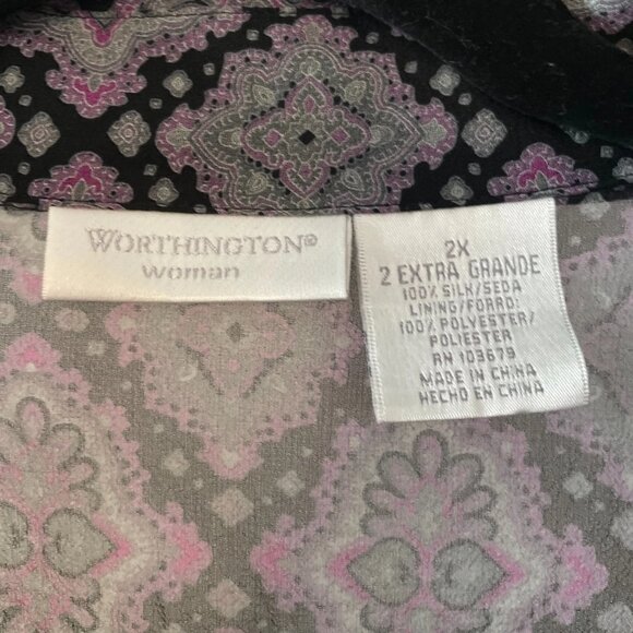 Worthington Womens Purple Long Sleeve Medallion Tile Button Up Blouse Size 2X - Picture 4 of 8